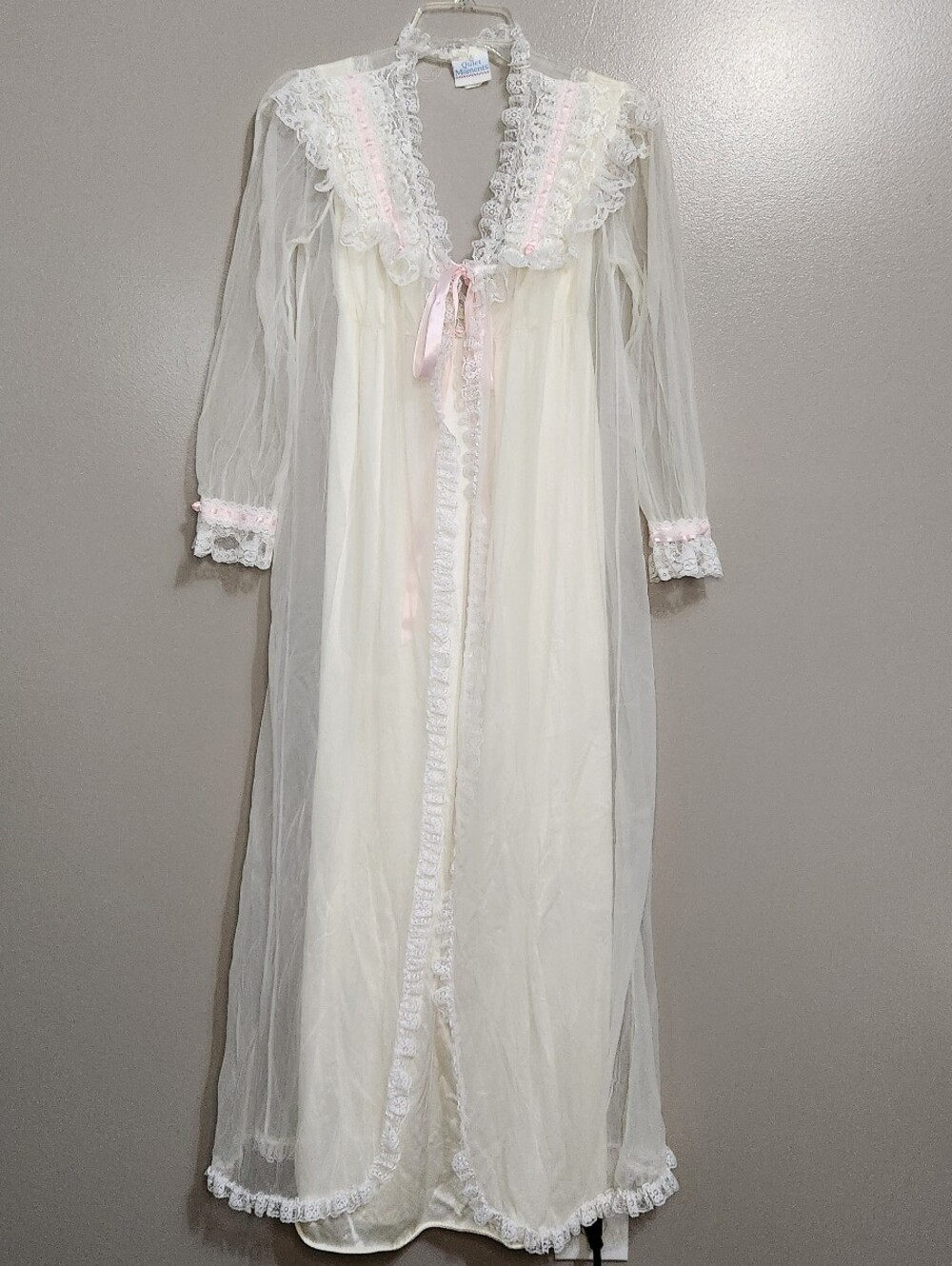 Vintage Quiet Moments Lace Sheer Peignoir Robe & Nightgown Set Size Small
